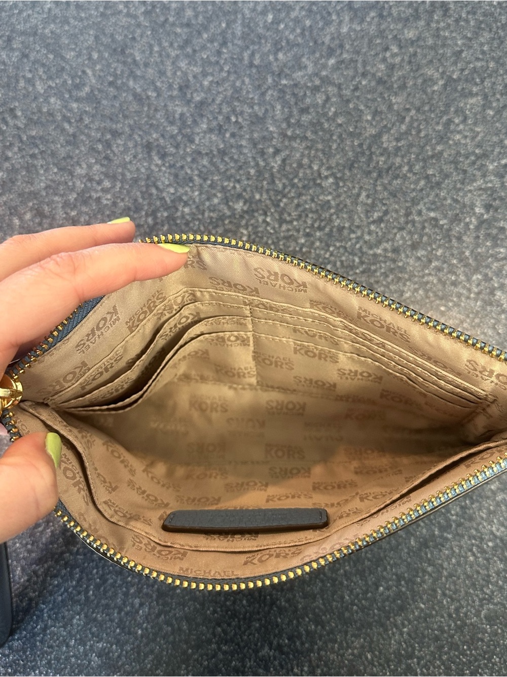 Blue Leather Michael Kors Wristlet Clutch with Gold Accent - Picture 7 of 10